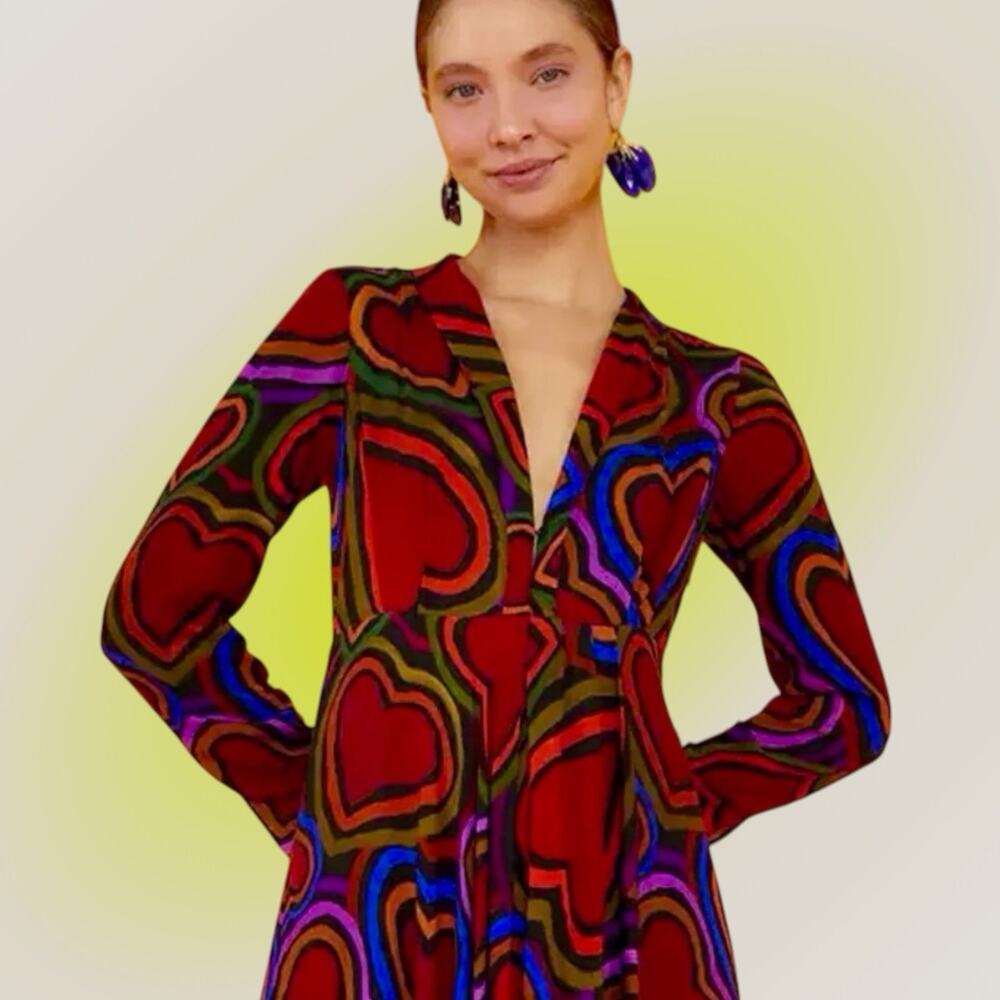 Farm Rio Rainbow Wild Hearts Maxi Dress Womens XS 0 2 Long Sleeve Red